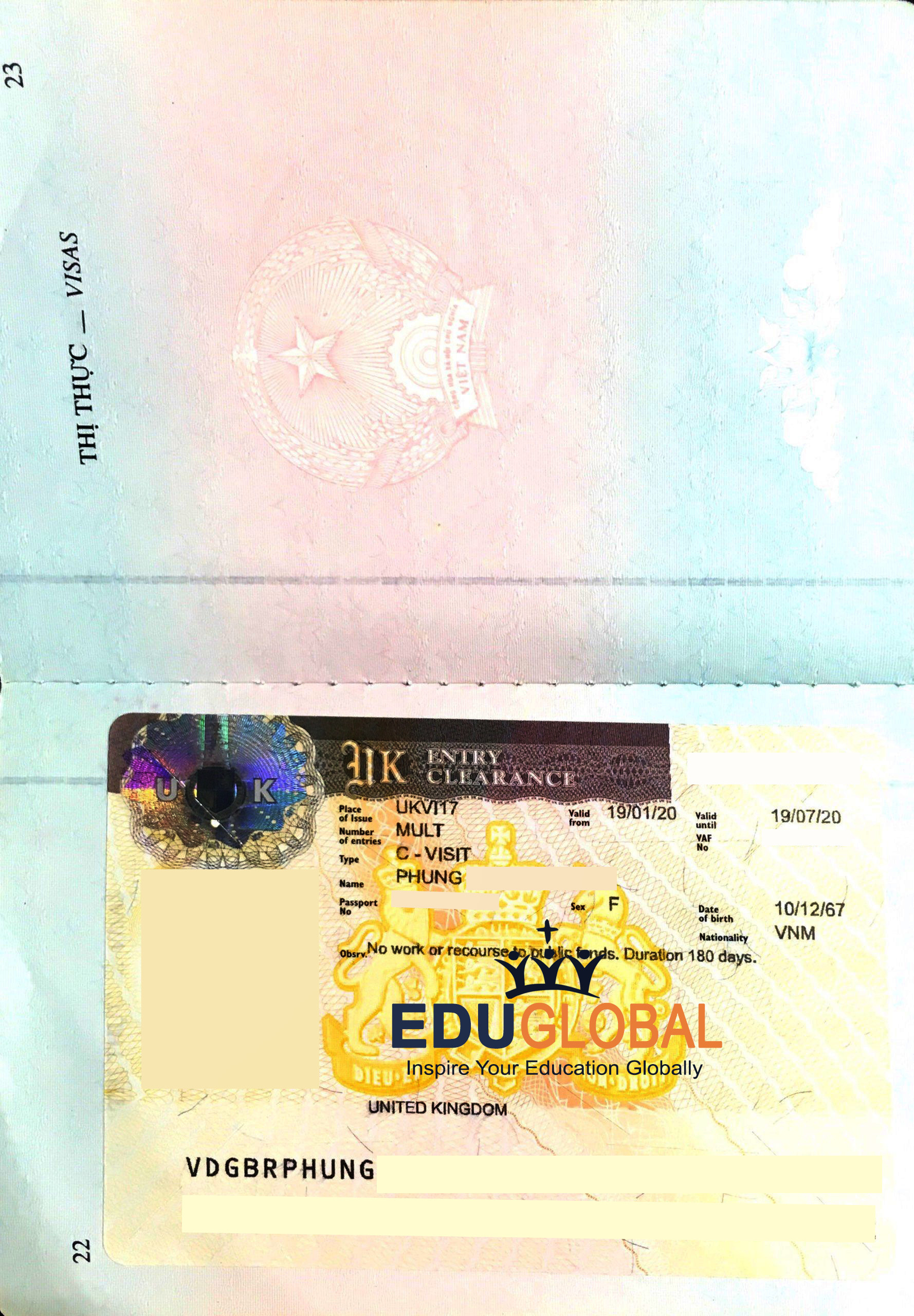 Visa Anh của cô Hiền khi được cấp mới bởi Eduglobal