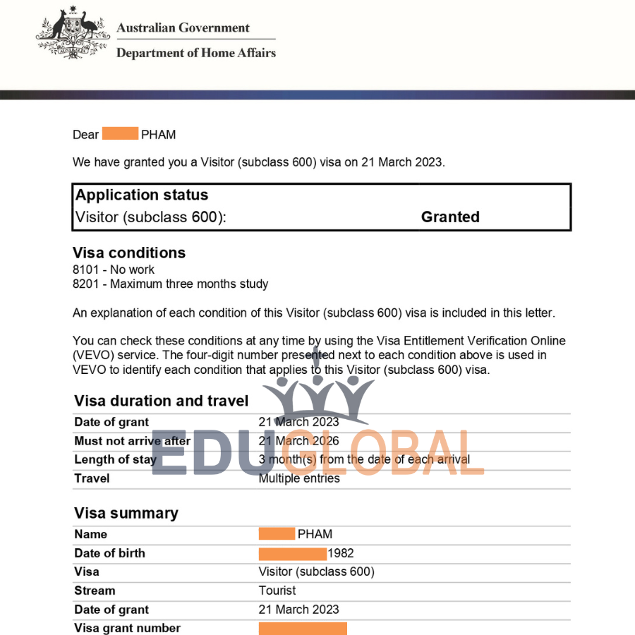 Visa du lịch Úc 3 năm của chị Pham