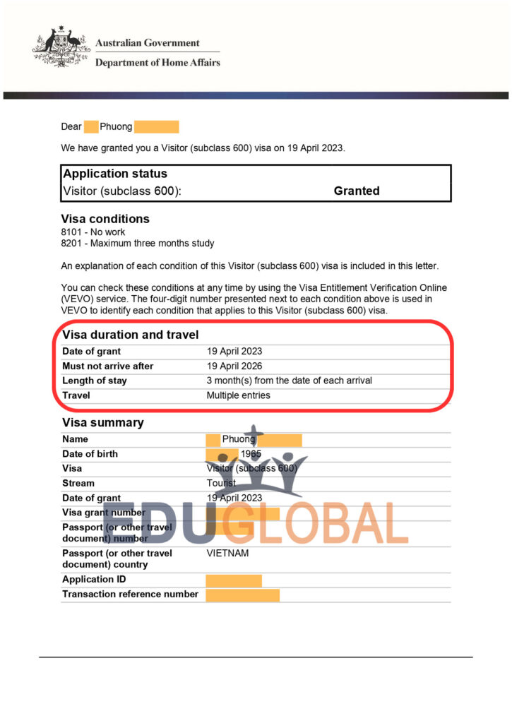 Visa du lịch Úc của cô Phuong