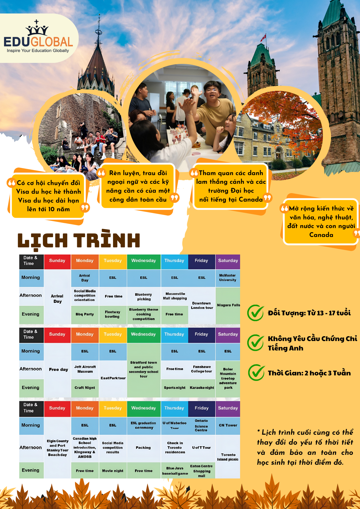 Lịch trình du học hè Summer Camp Canada 2024