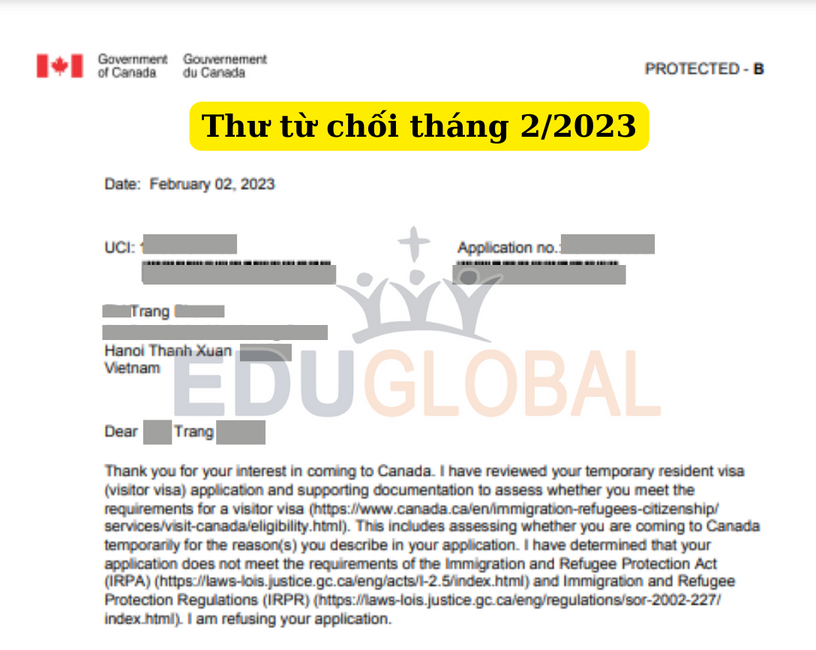 Thư từ chối Visa Canada của Chị Trang Tháng 2/2023
