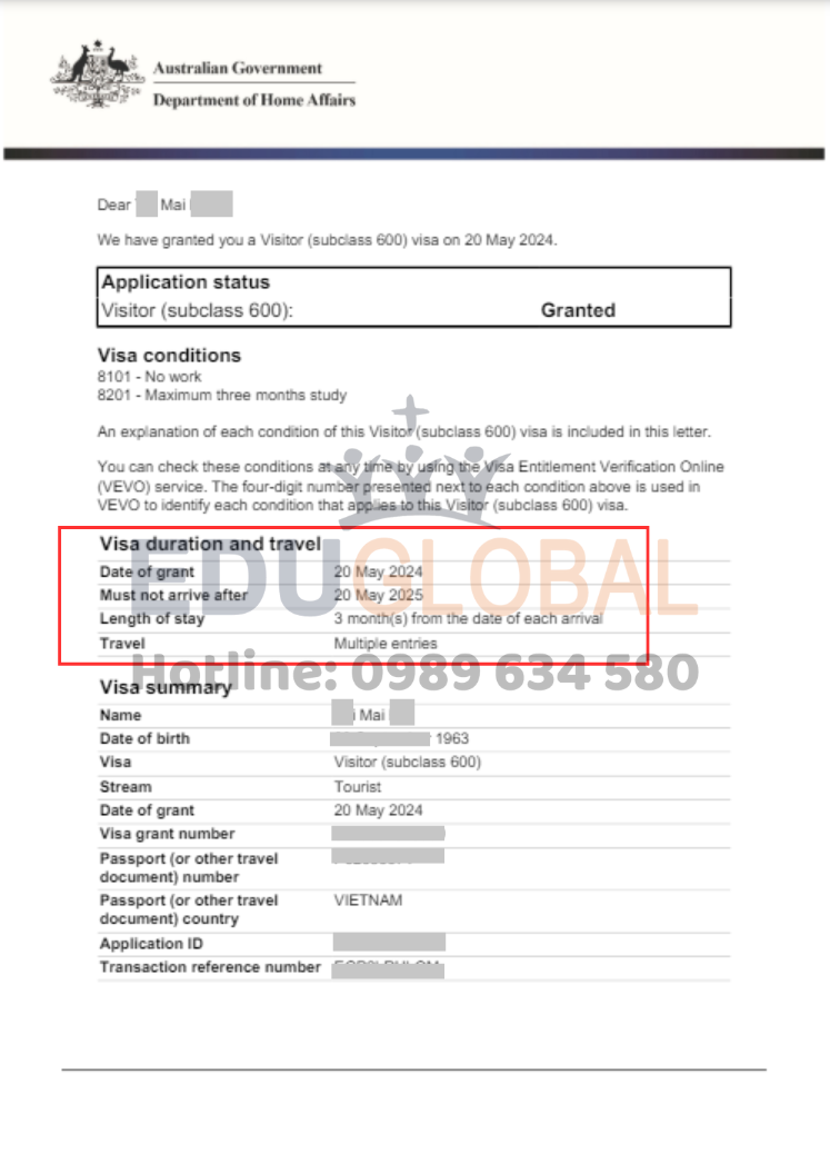 EduGlobal xử lý thành công Visa Úc cho cô Mai