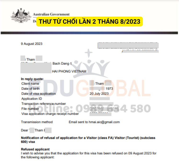 Thư từ chối Visa ÚC lần 2 vào tháng 8/2023 của chị Thắm