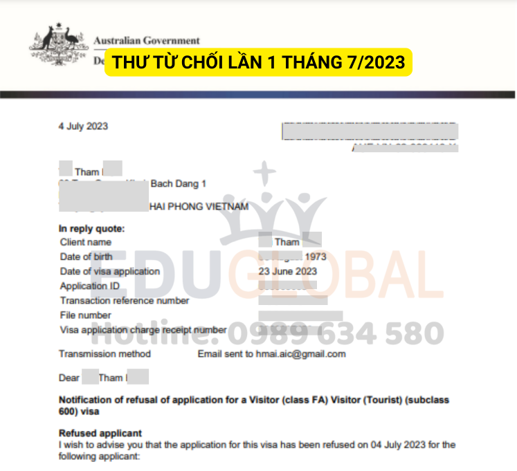 Thư từ chối Visa ÚC lần 1 vào tháng 7/2023 của chị Thắm