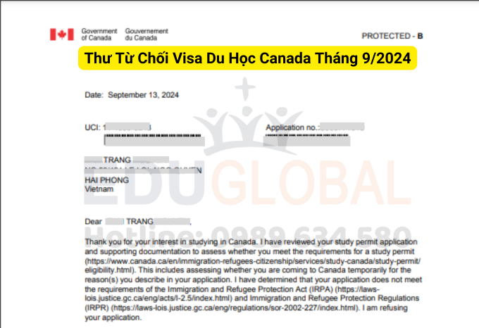 Thư từ chối Visa Du Học Canada Tháng 9/2024 của bạn Trang