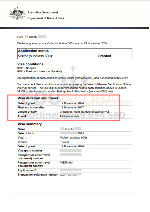 EduGlobal tiếp tục xử lý thành công Visa Úc dài hạn 3 năm cho Chị Thanh