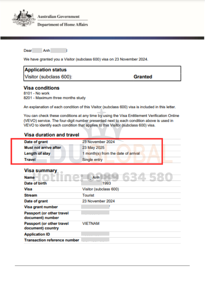 EduGlobal thành công xử lý Visa Úc cho Bạn H.Anh