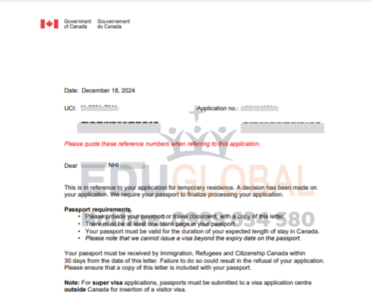 Thông báo Visa Canada của Chị Nhi được xét duyệt