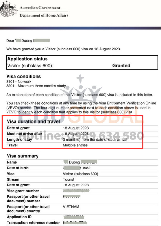 Visa Úc của Chị Dương được EduGlobal xử lý thành công