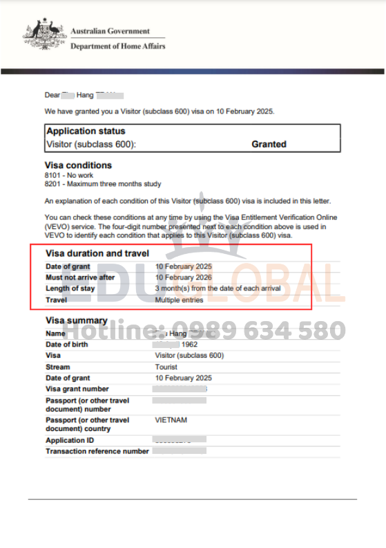 Visa Úc của Cô Hằng
