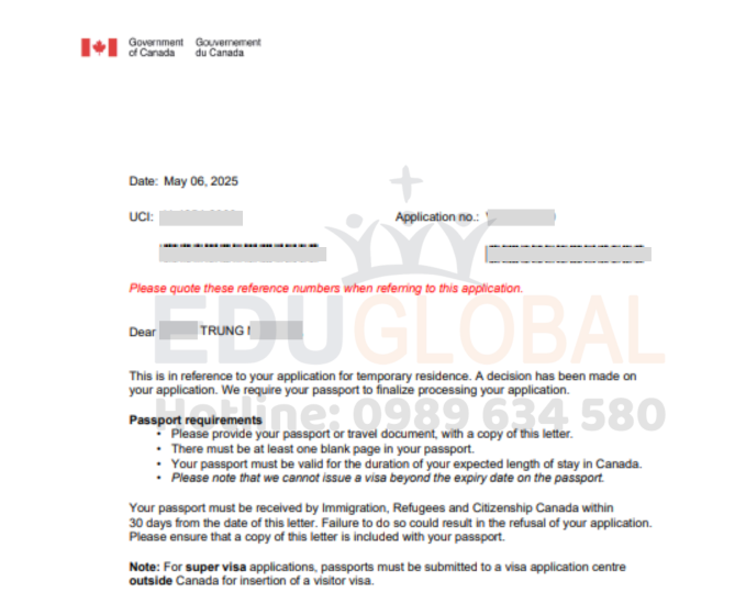 Thư xét duyệt Visa Canada sau khi từng bị từ chối của anh Trung