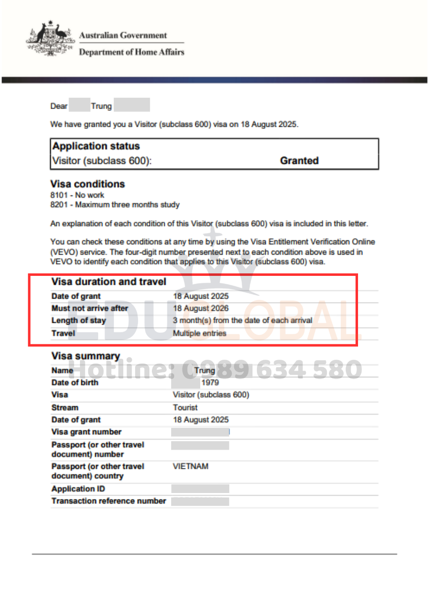 Visa Úc anh Trung được EduGlobal chữa lại thành công