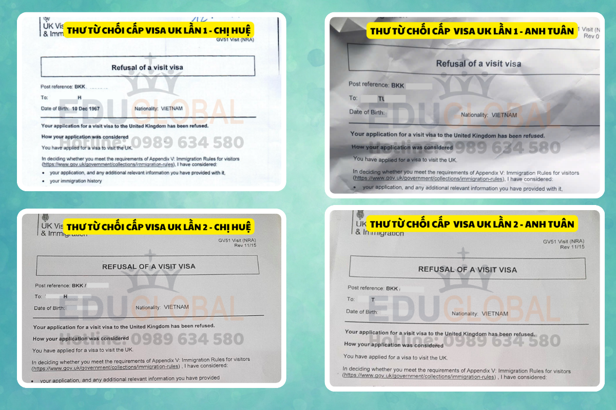 Thư từ chối cấp visa UK của anh Tuân và chị Huệ năm 2021