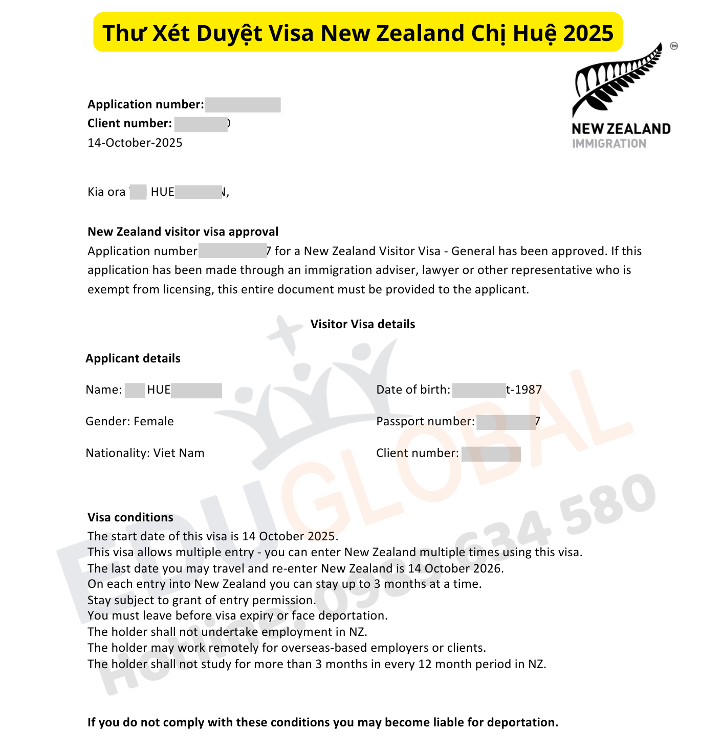 Thư xét duyệt Visa New Zealand của chị Huệ 2025