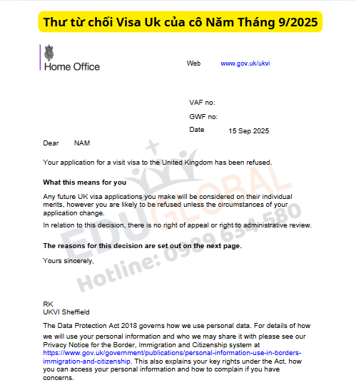 Thư từ chối visa thăm thân uk của cô Năm tháng 9/2025