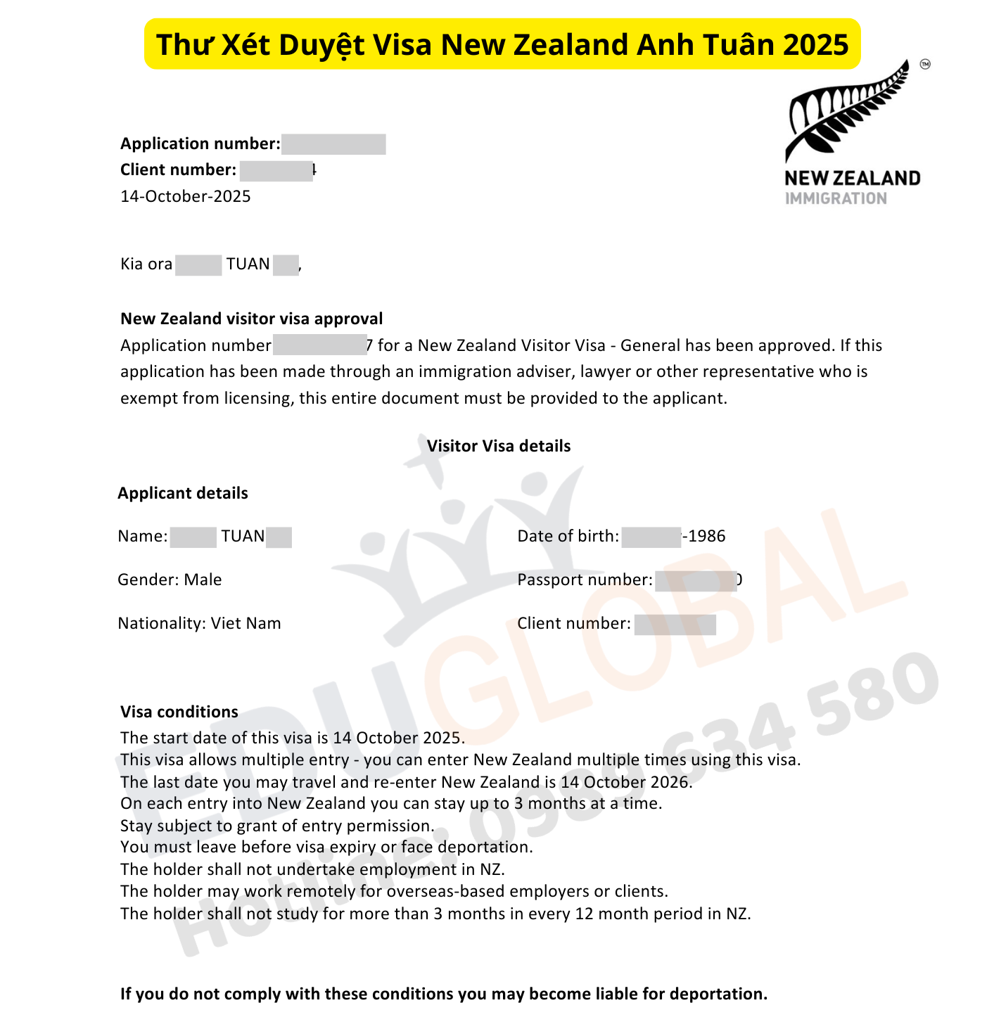 Thư xét duyệt Visa New Zealand của anh Tuân 2025