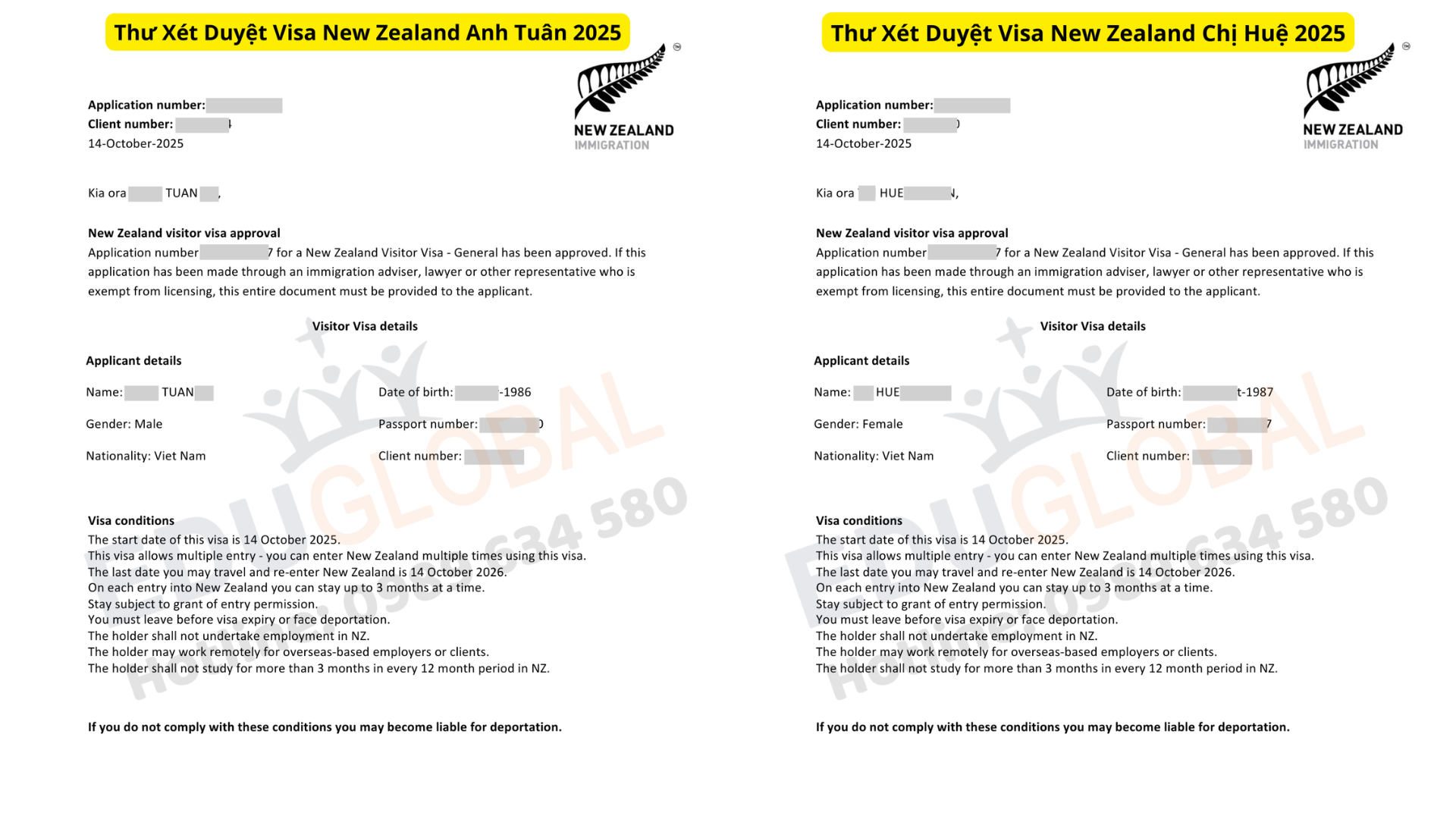 Thư xét duyệt Visa New Zealand của anh Tuần và chị Huệ 2025