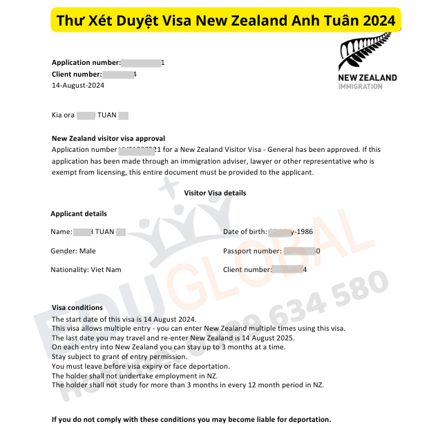 Thư xét duyệt Visa New Zealand của anh Tuân tháng 8 năm 2024
