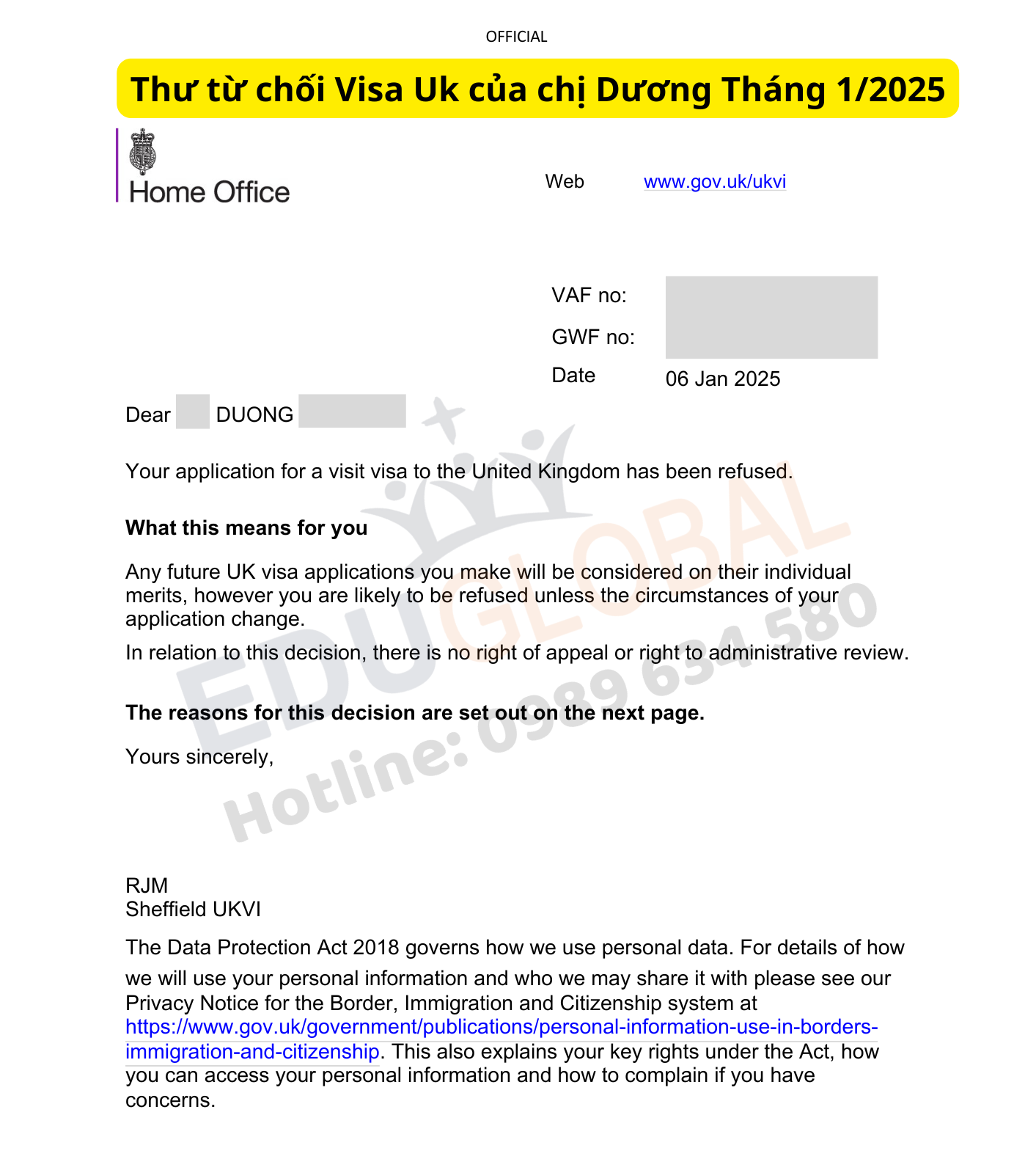 Thư từ chối visa thăm thân Uk của chi Dương vào tháng 1/2025