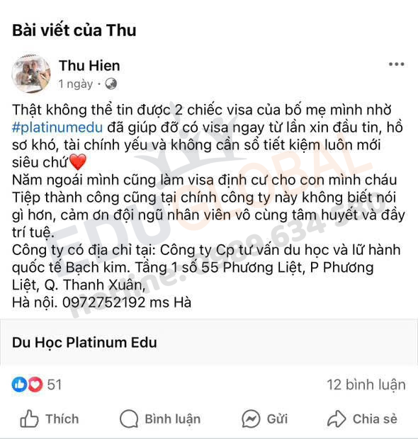 Niềm hạnh phúc của chị Hiền khi tiếp tục nhận visa UK của bố mẹ khi tin tưởng EduGlobal lần 2 sau thành công visa UK định cư của con