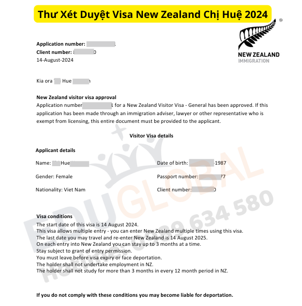 Thư xét duyệt Visa New Zealand của chị Huệ tháng 8 năm 2024