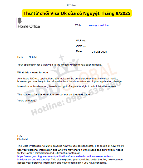 Thư từ chối visa uk thăm thân của cô Nguyệt tháng 9/2025