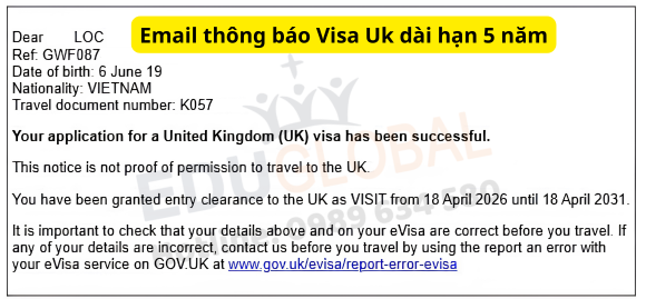 EduGlobal xử lý thành công Visa thăm thân Uk dài hạn 5 năm cho cô Lộc