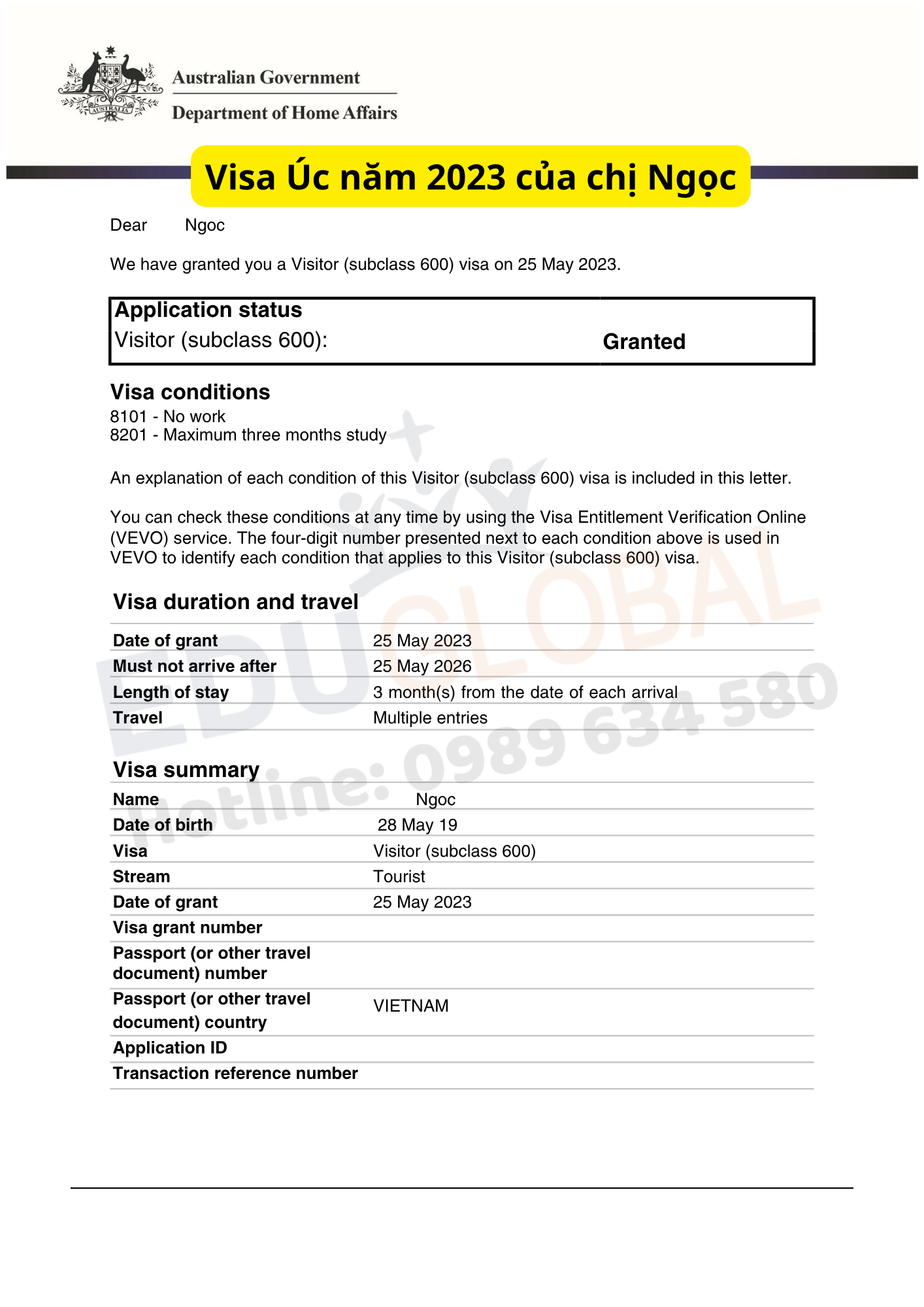 EduGlobal xử lý thành công Visa thăm thân Úc cho chị Ngọc