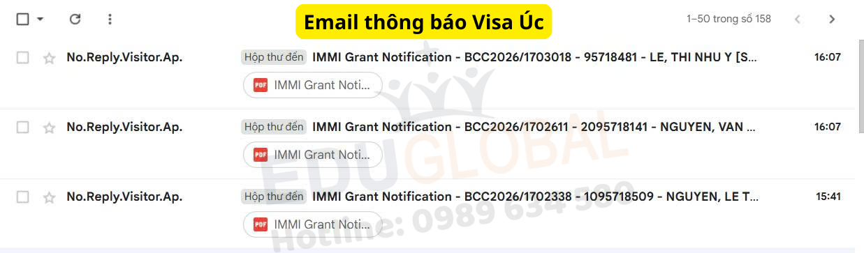 Email thông báo Visa thăm thân Úc của cháu Nhi , chị Ý và anh Quốc
