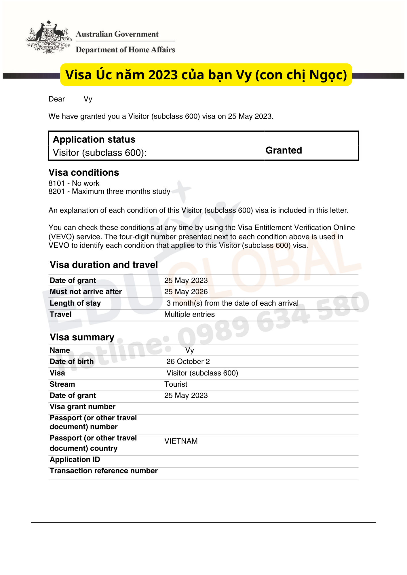 EduGlobal xử lý thành công Visa thăm thân Úc cho bạn Vy