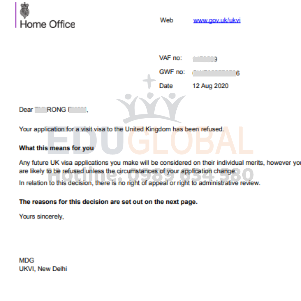 Thư từ chối Visa Anh Quốc năm 2020 của cô Rộng