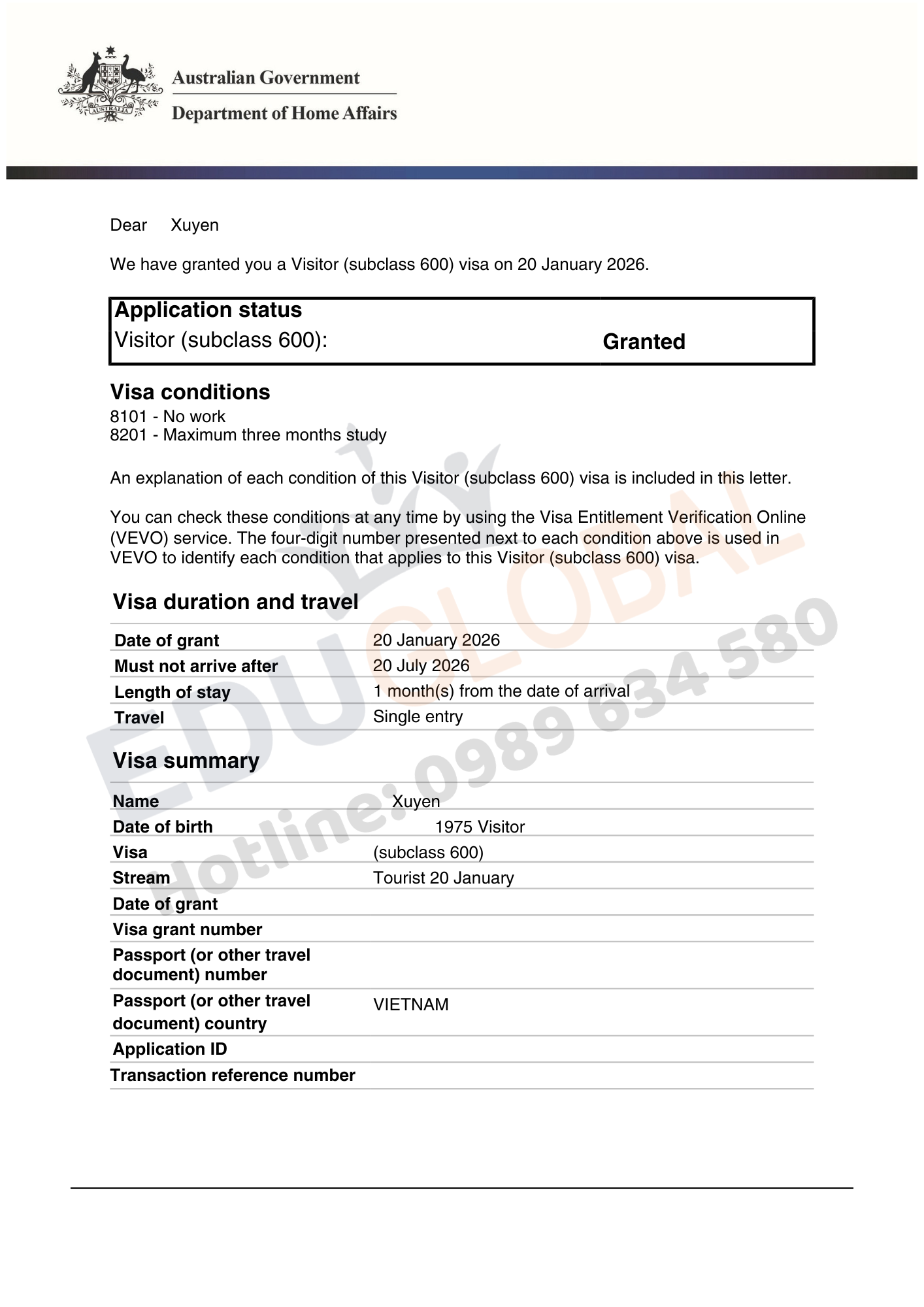 EduGlobal xử lý thành công Visa thăm thân Úc cho anh Xuyến