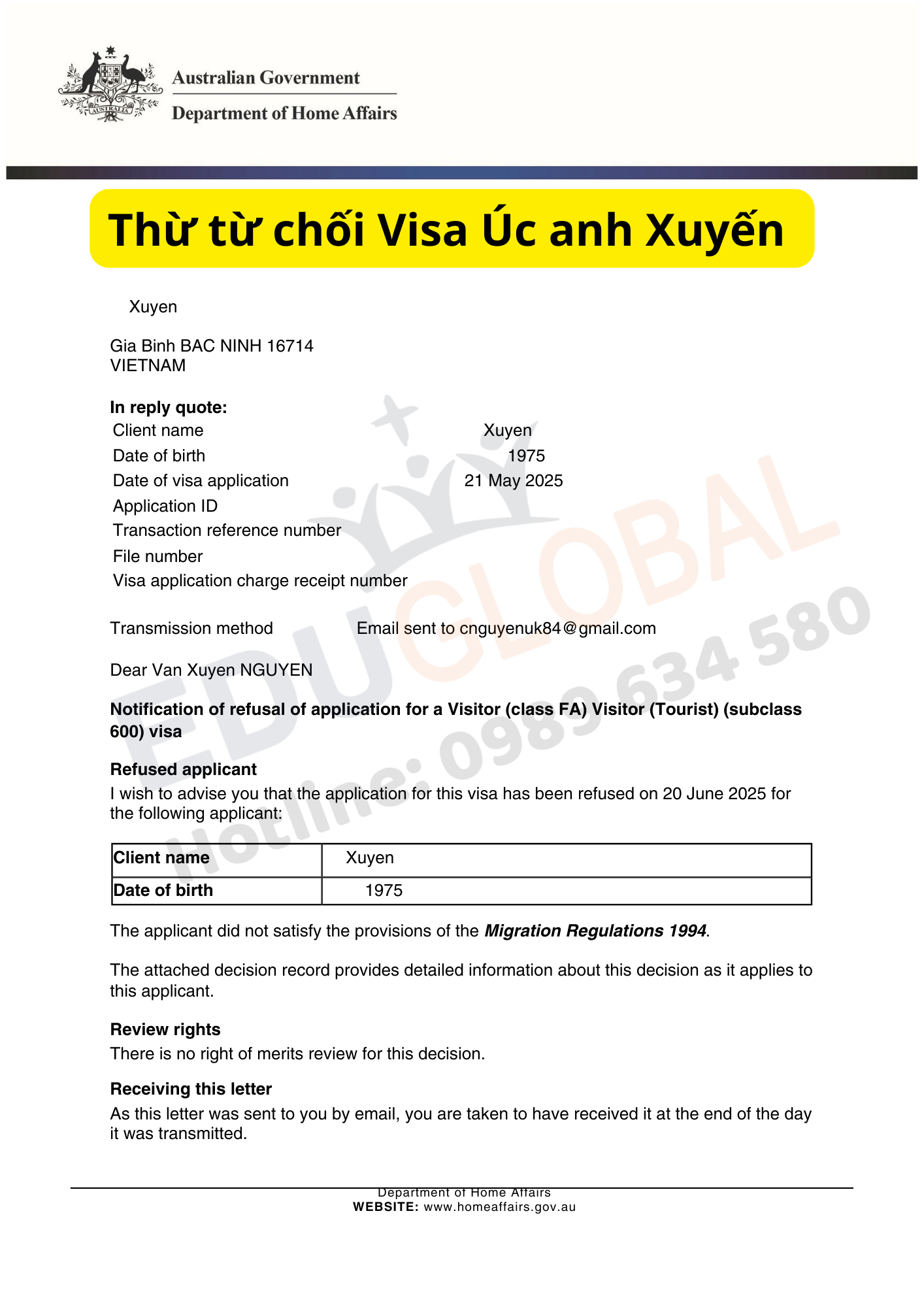 Thư từ chối Visa thăm thân Úc của anh Xuyến