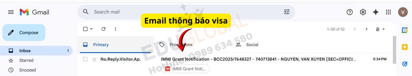 Email thông báo Visa thăm thân Úc của a Xuyến