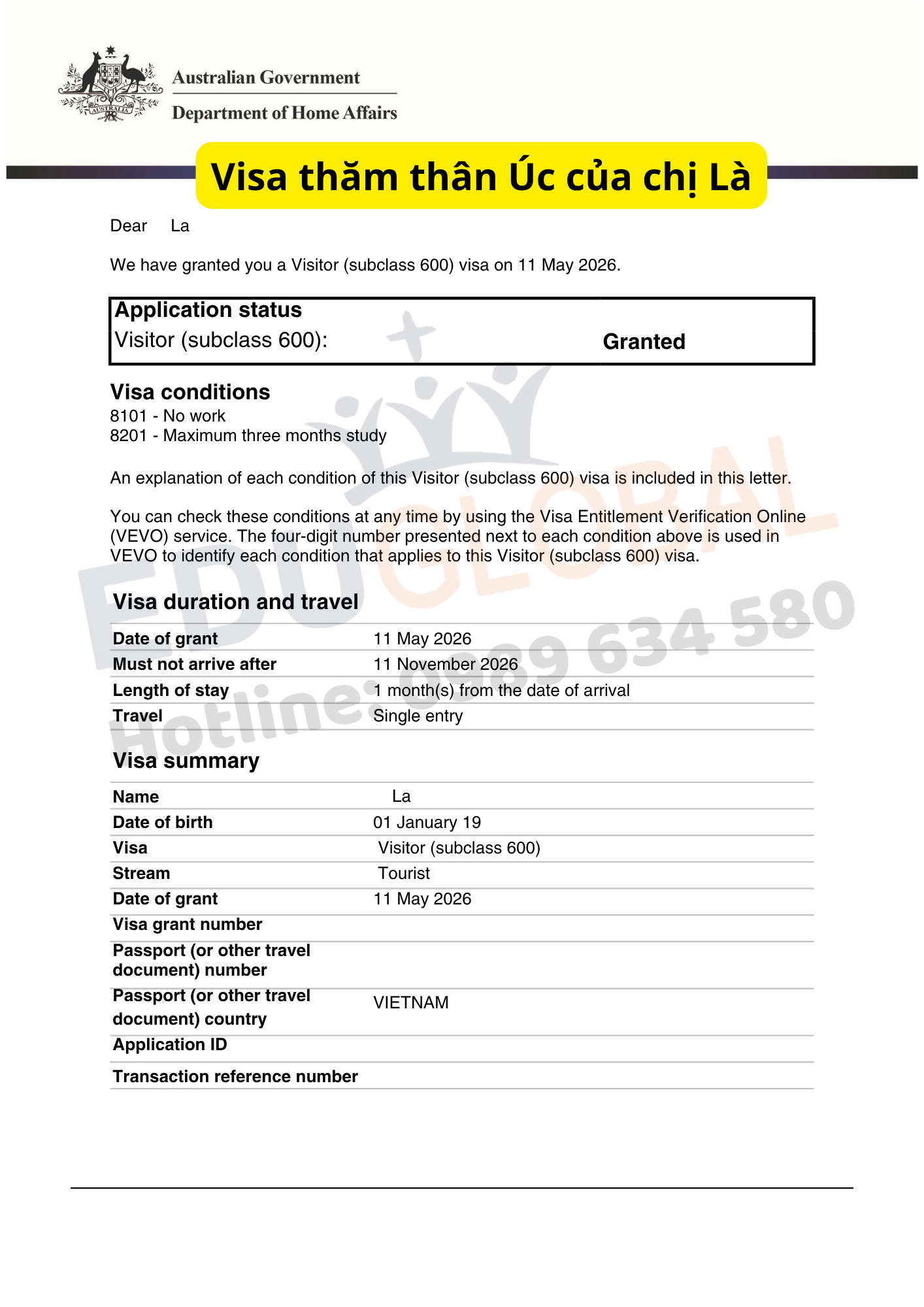Visa thăm thân Úc của chị Là được EduGlobal xử lý thành công