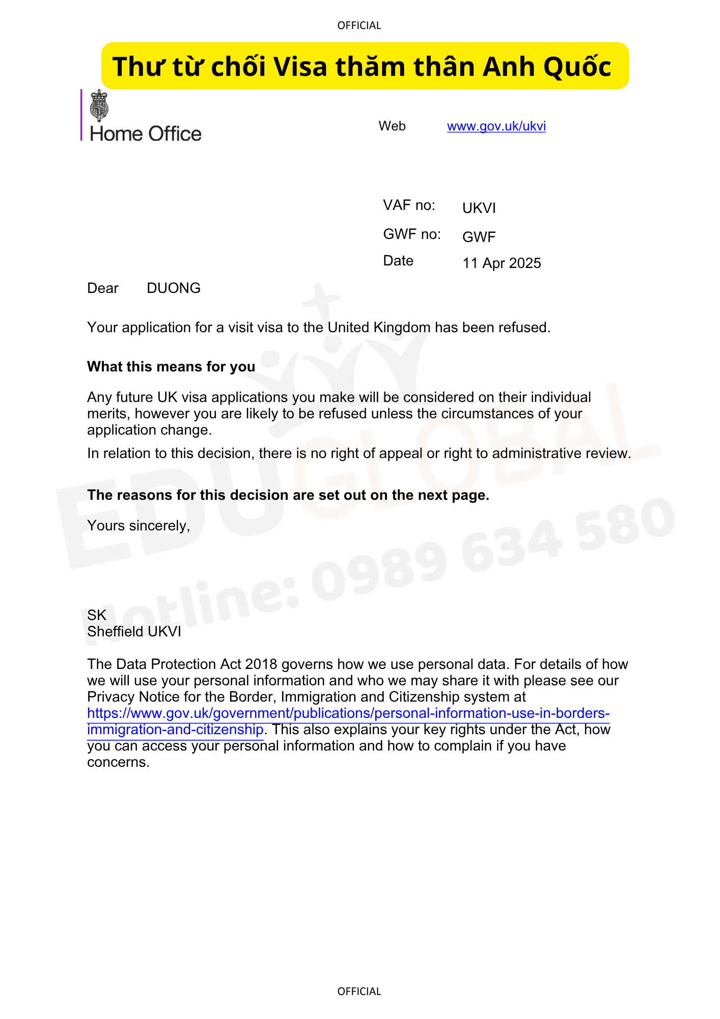 Thư từ chối Visa thăm thân Uk của chú Dương
