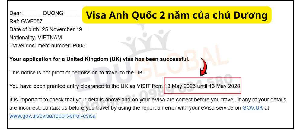 EduGlobal xử lý thành công Visa thăm thân Uk 2 năm cho chú Dương