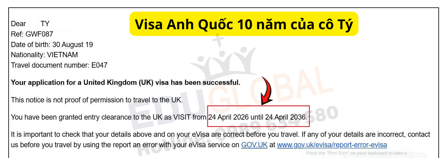 EduGlobal xử lý thảnh công Visa thăm thân Anh Quốc 10 năm cho cô Tý