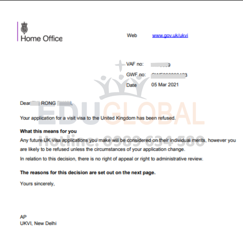 Thư từ chối Visa Anh Quốc năm 2021 của cô Rộng