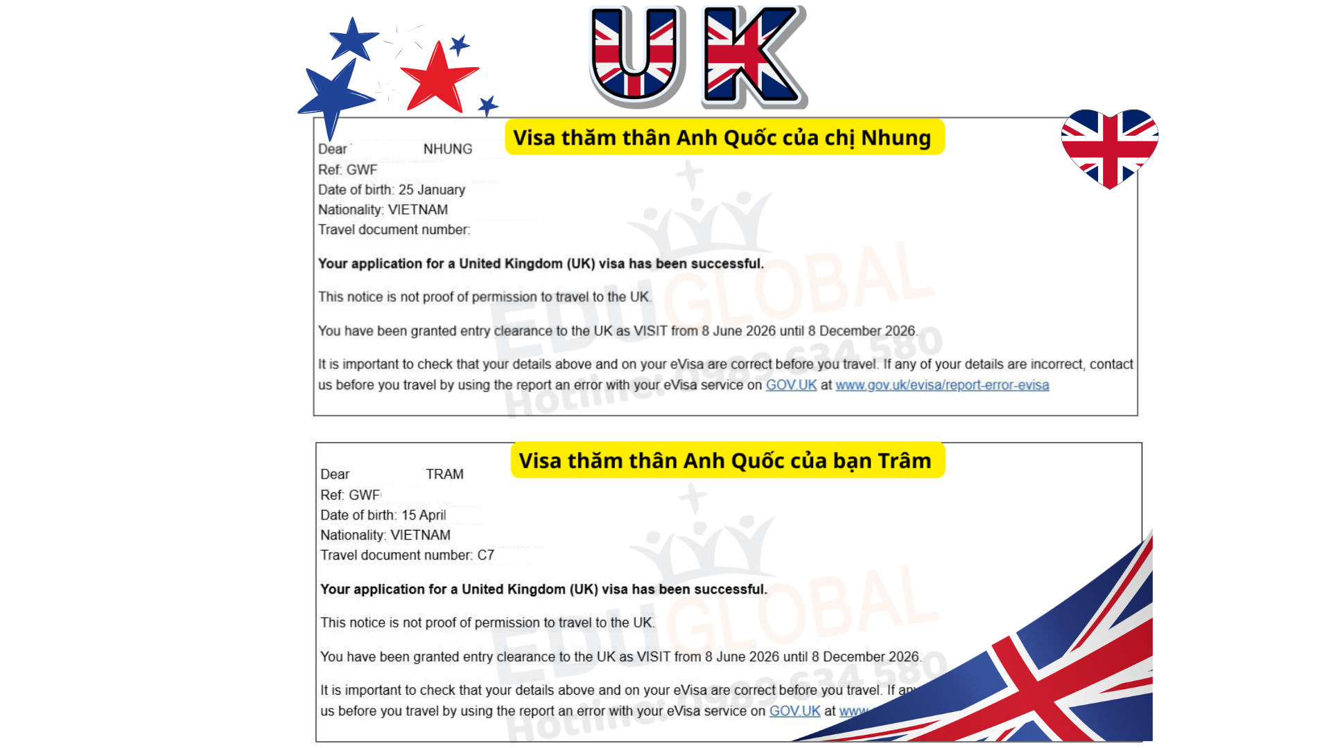 EduGlobal xử lý thành công Visa thăm thân Uk cho Cô Nhung và con gái