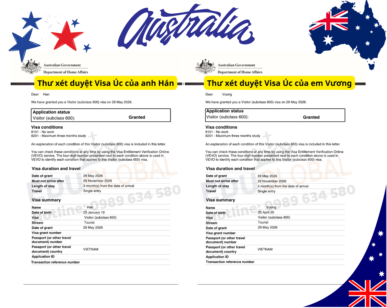 EduGlobal xử lý thành công visa du lịch Úc cho anh Hán và con trai