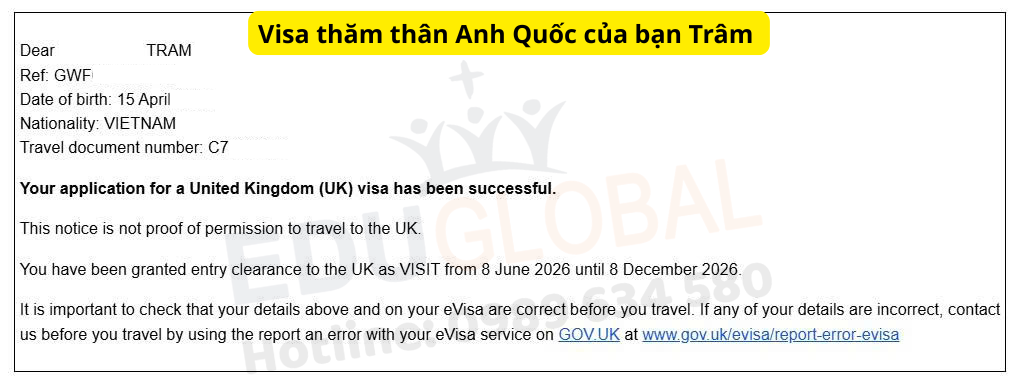 EduGlobal xử lý thành công Visa thăm thân Uk cho bạn Trâm