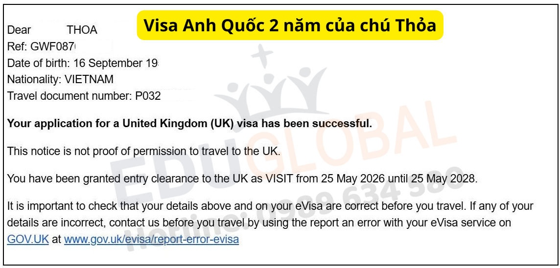 Thành công xử lý Visa thăm thân Uk 2 năm cho chú Thỏa