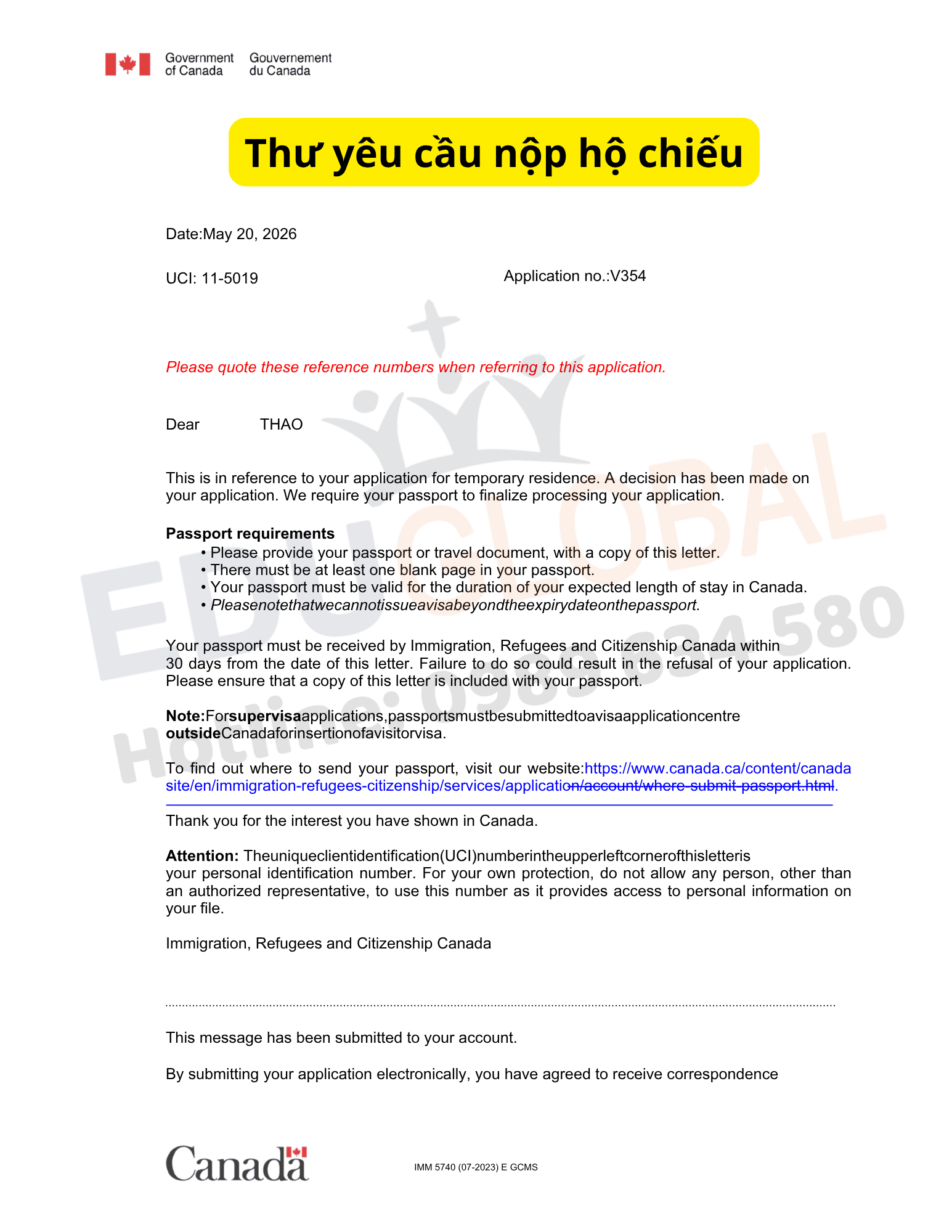 Thư yêu cầu nộp hộ chiếu để dán Visa của chị Thảo