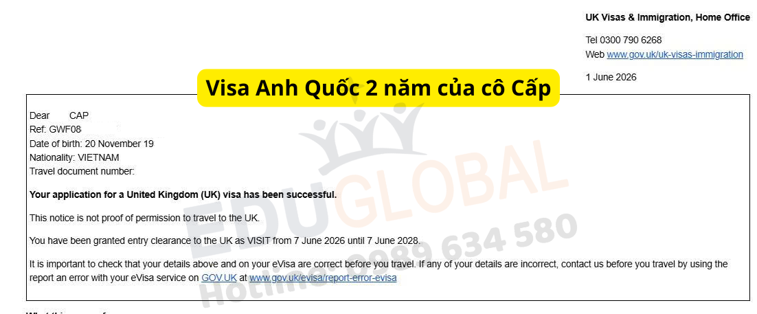 EduGlobal xử lý thành công Visa thăm thân Uk 2 năm cho cô Cấp