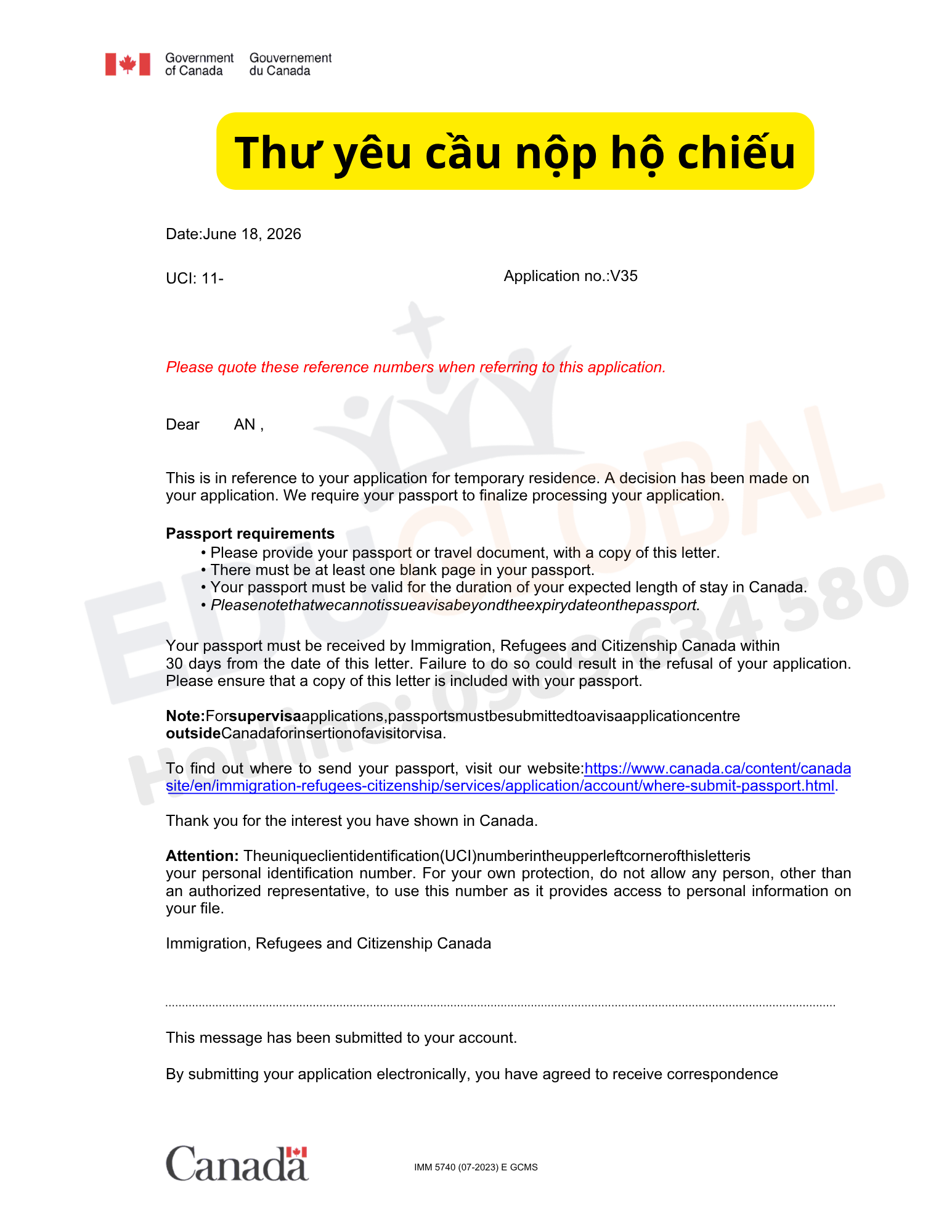 Thư yêu cầu nộp hộ chiếu dán visa của anh An