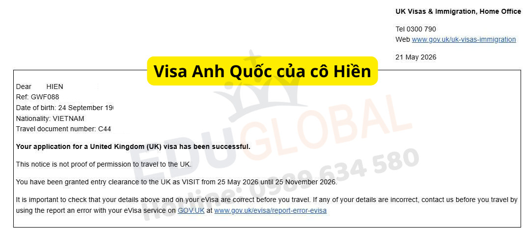 EduGlobal thành công xử lý Visa thăm thân Anh Quốc cho cô Hiền