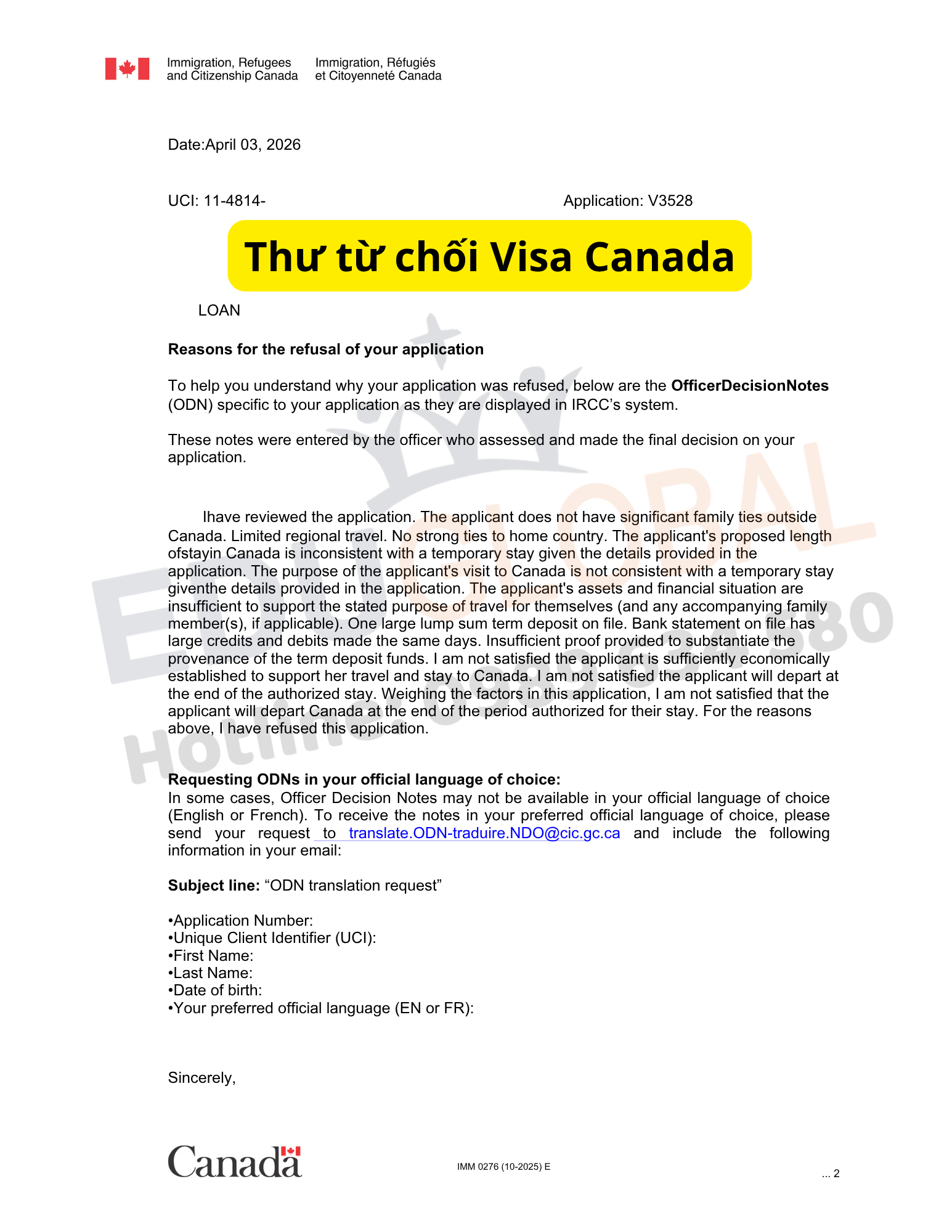 Thư từ chối Visa du lịch Canada của bạn Loan