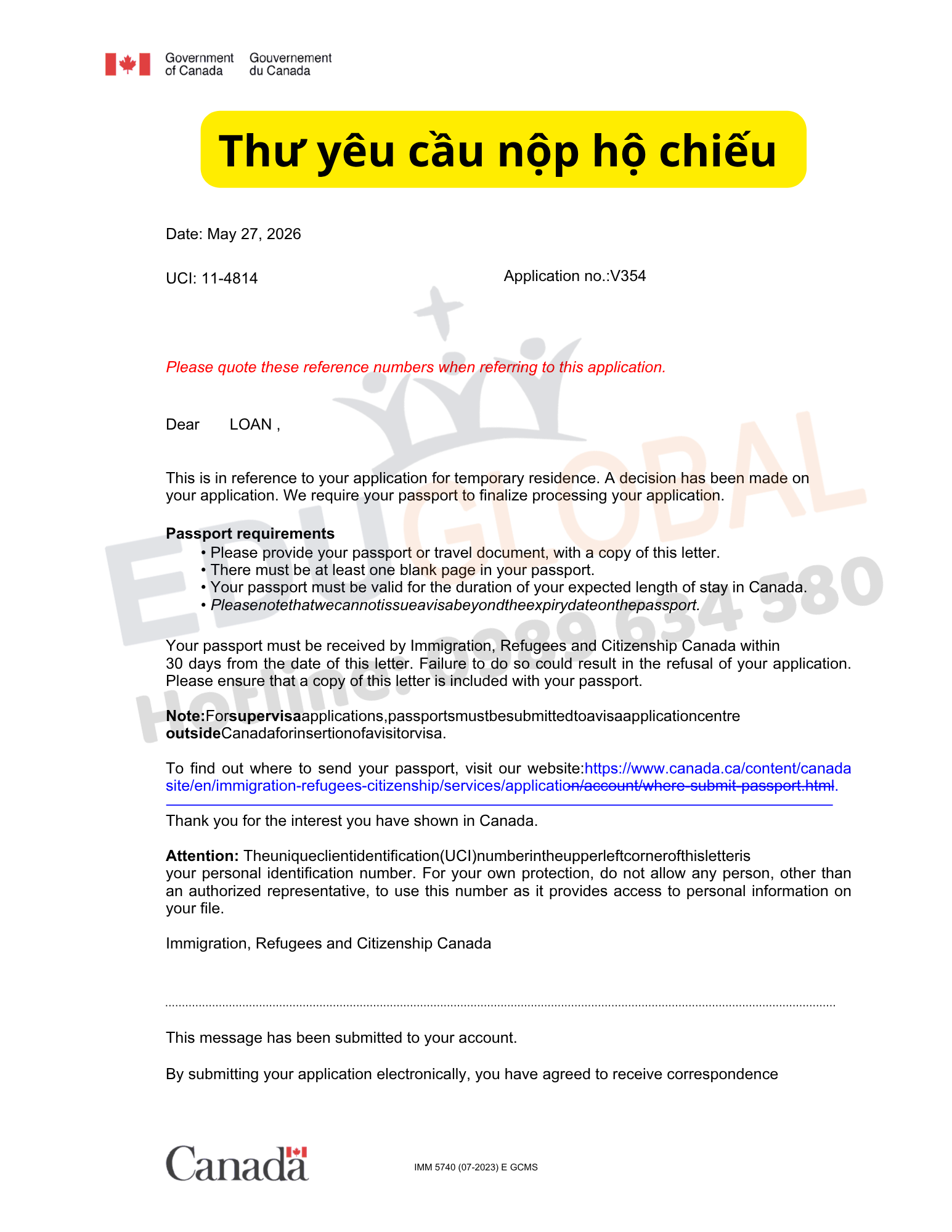 Thư yêu cầu nộp hộ chiếu để dán Visa Canada của bạn Loan