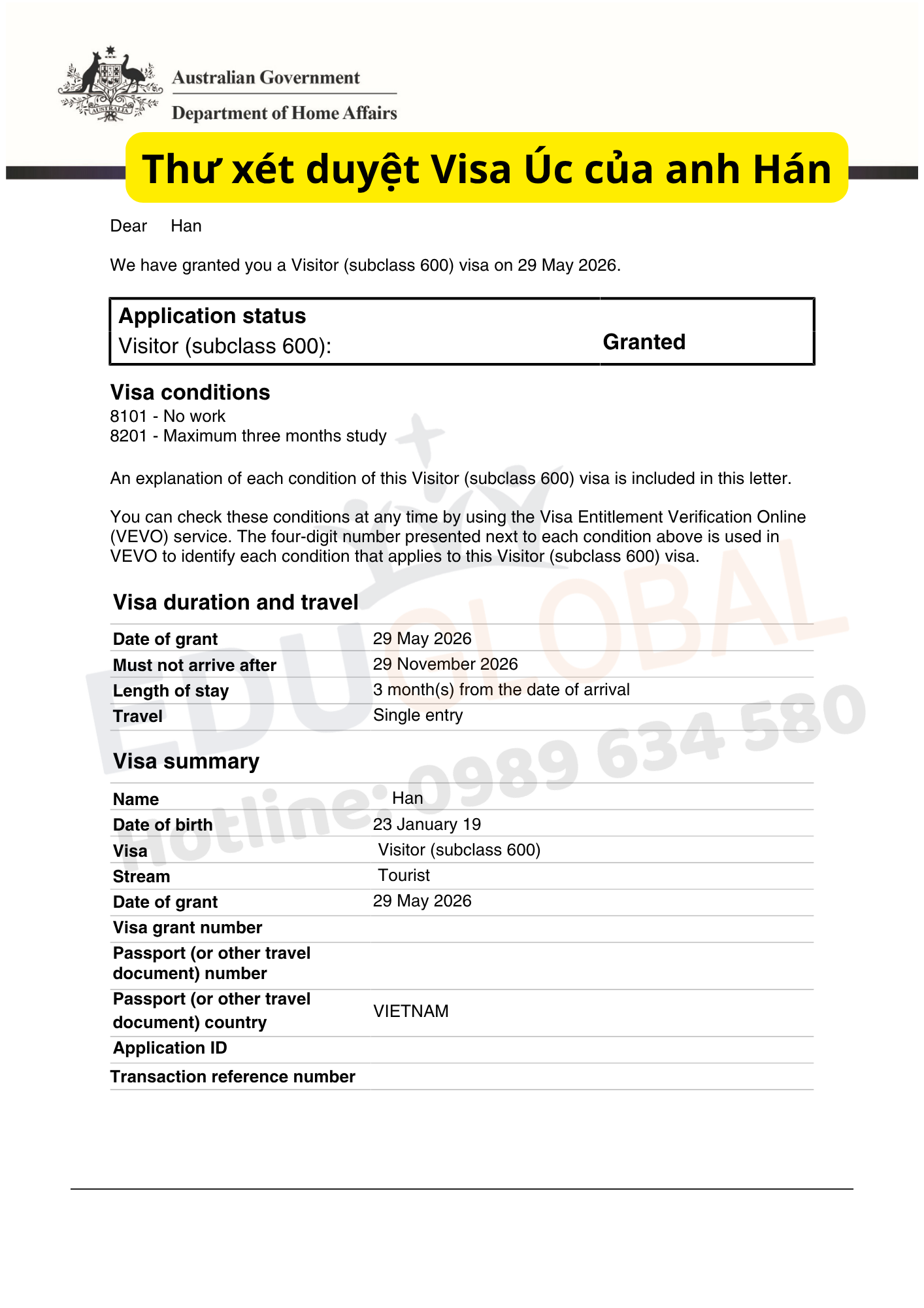 Visa du lịch Úc thành công về tay anh Hán sau khi được EduGlobal xử lý sau lần từ chối